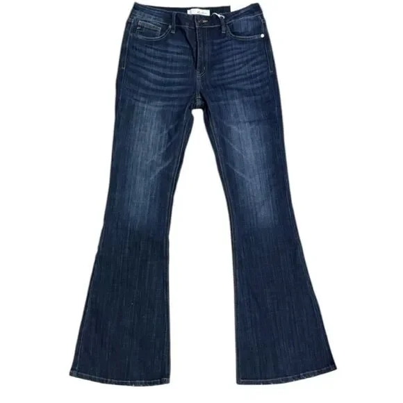 Kancan Mid Rise Dark Wash Classic Slim Flare Jeans Light Distressing – NWT - Picture 12 of 13